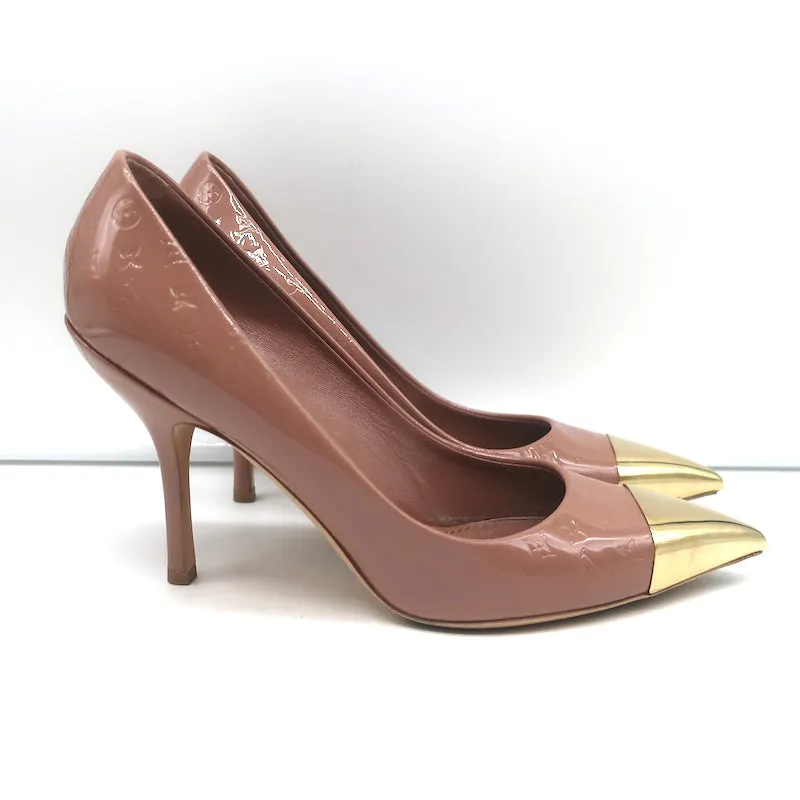 Louis Vuitton Allamanda Gold Cap Toe Pumps Rose Monogram Vernis Size 37.5