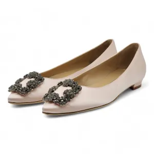 Manolo Blahnik Hangisiflat Jewel Buckle Flat Pumps - Satin - Light Pink 36