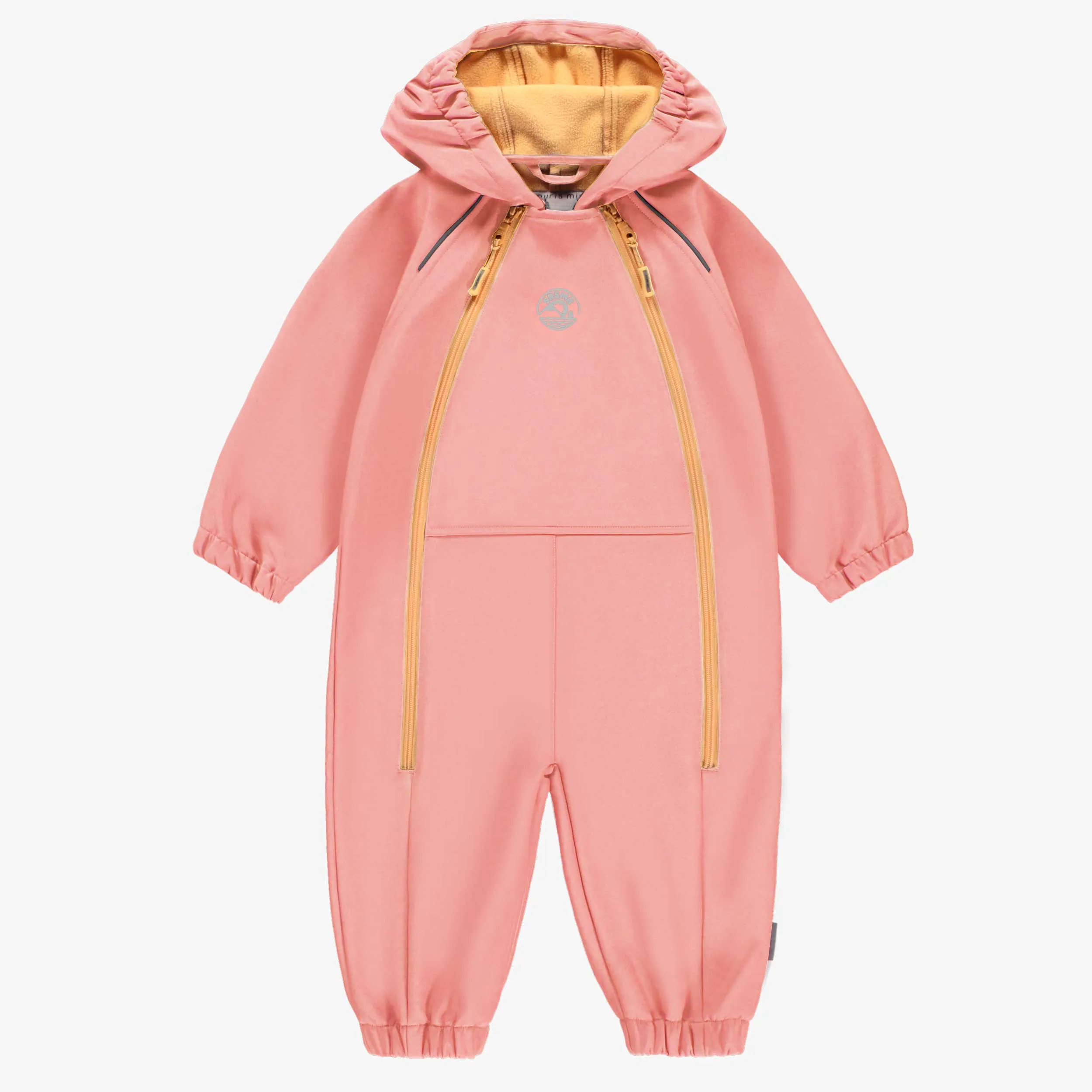 Manteau une pièce pêche avec capuchon en coquille souple, bébé || Peach softshell one piece hooded coat, baby