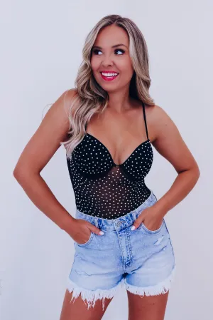 Marly Mesh Rhinestone Bodysuit - Black