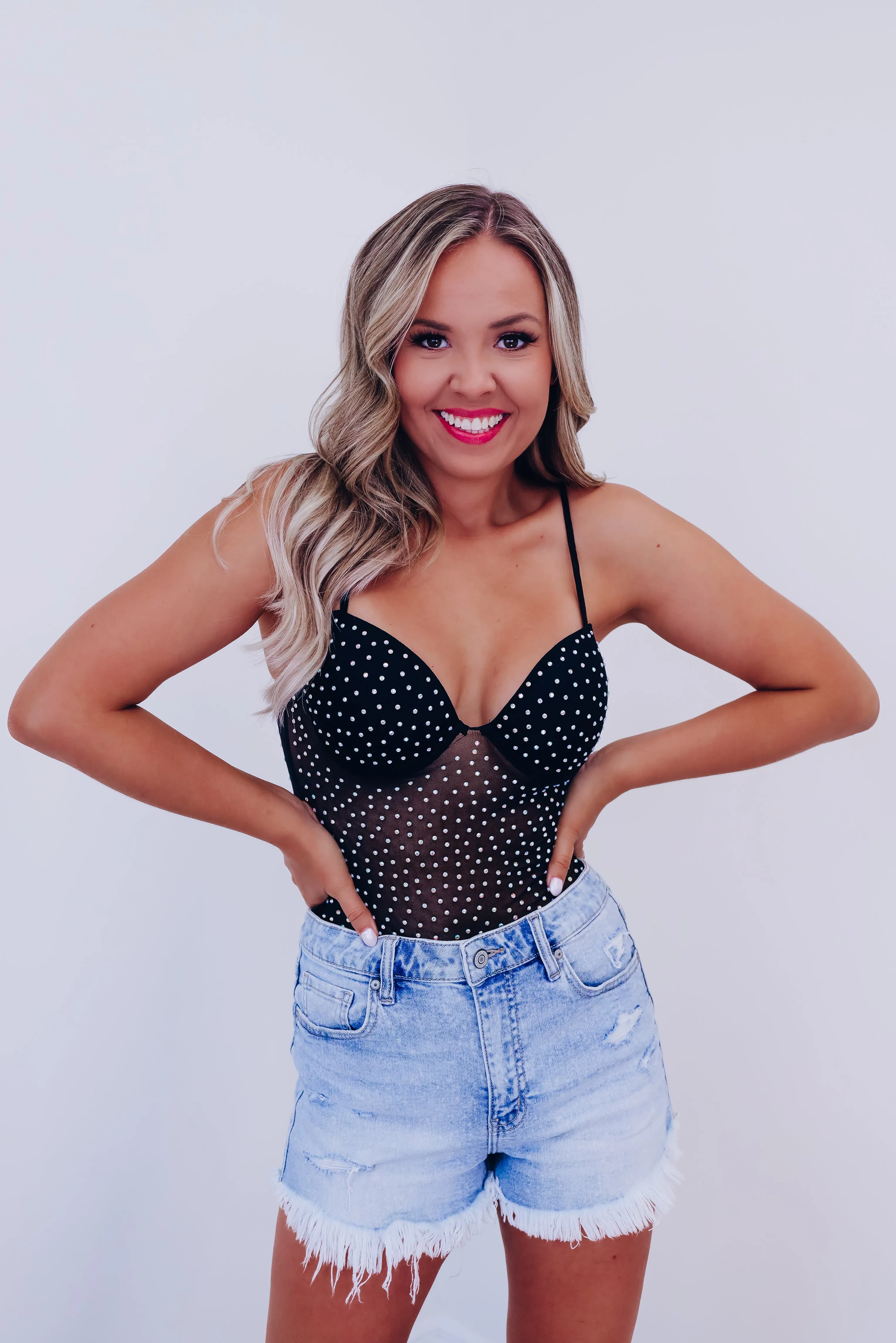 Marly Mesh Rhinestone Bodysuit - Black