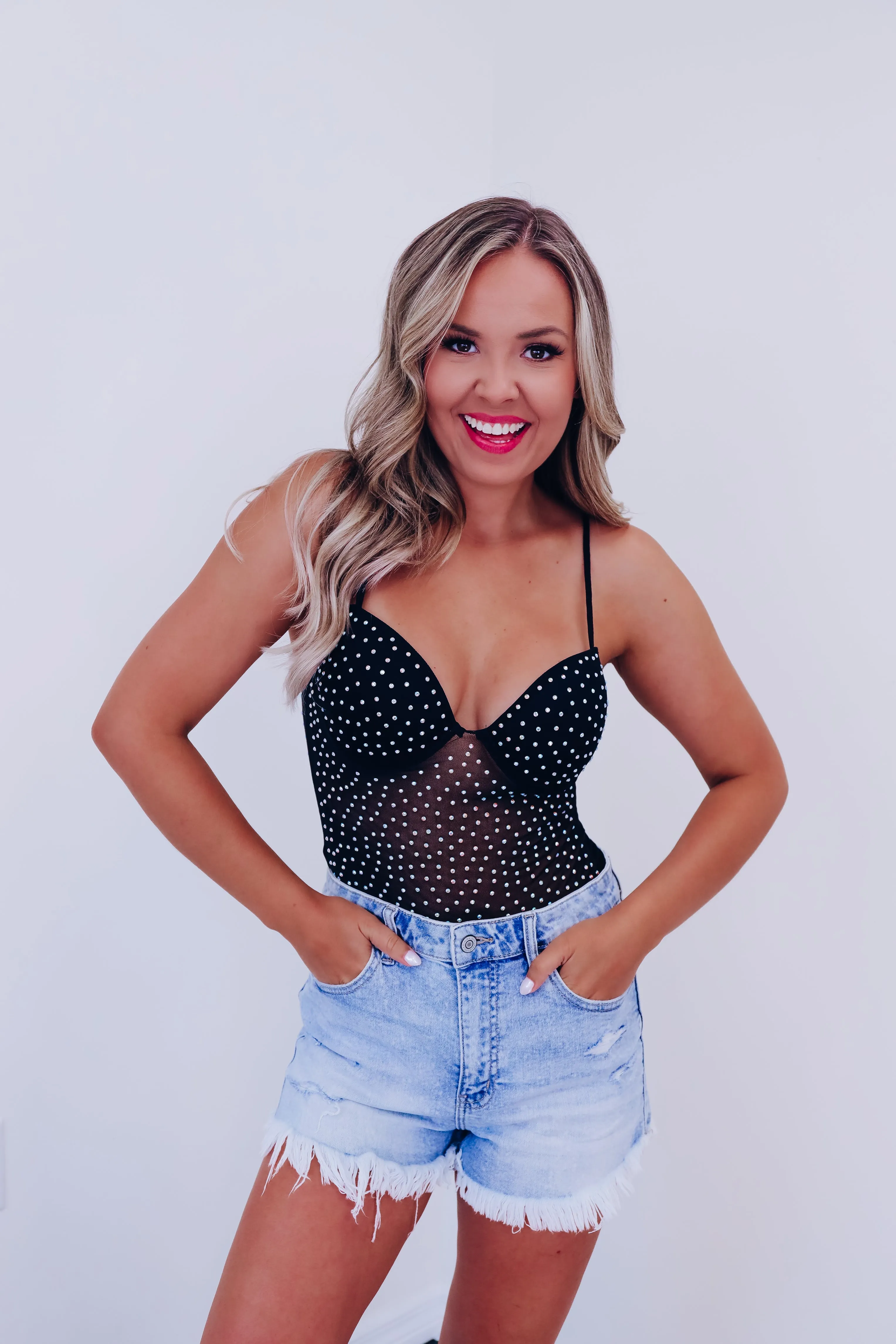 Marly Mesh Rhinestone Bodysuit - Black