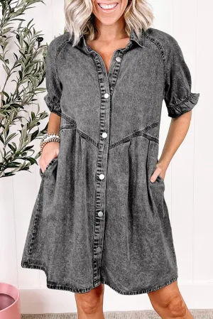 Medium Grey Mineral Wash Ruffled Short Sleeve Buttoned Denim Dress