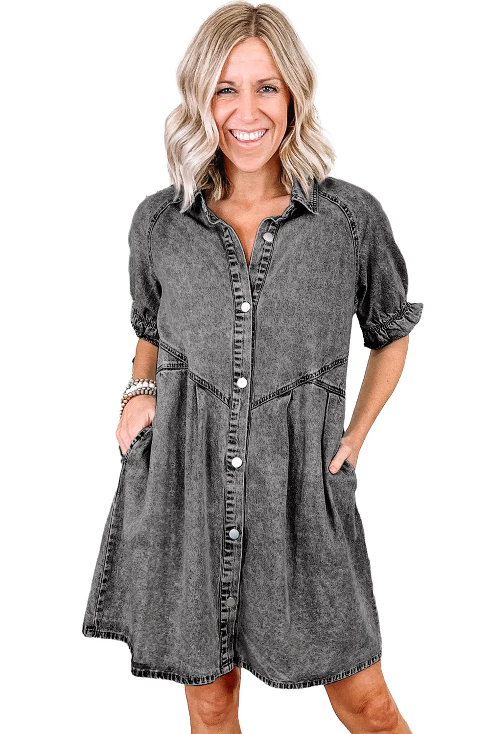 Medium Grey Mineral Wash Ruffled Short Sleeve Buttoned Denim Dress