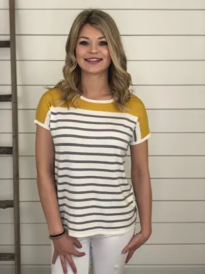 Mustard and Grey Striped Short Sleeve Sweater