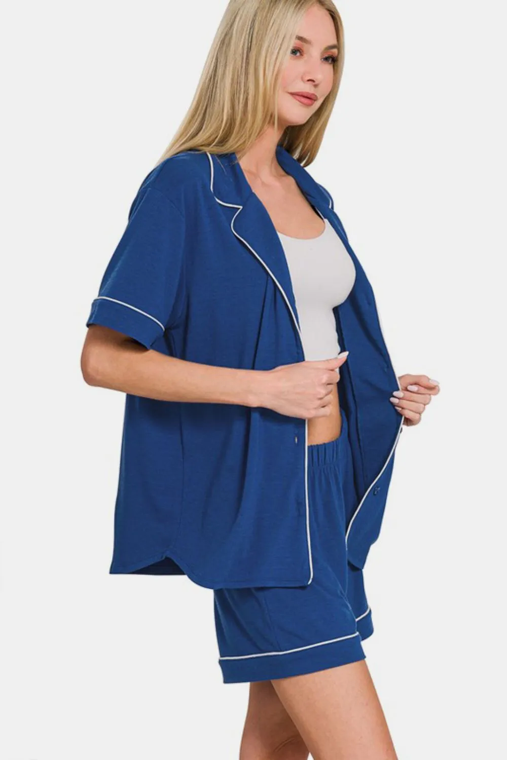 Navy Blue Button Down Short Sleeve Top and Shorts Lounge Set