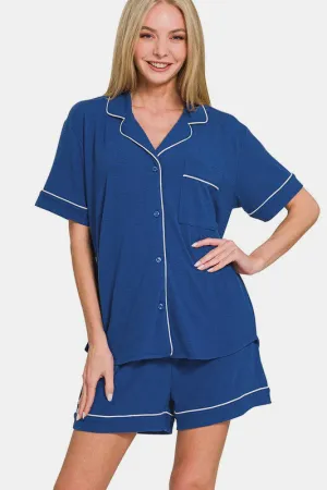 Navy Blue Button Down Short Sleeve Top and Shorts Lounge Set