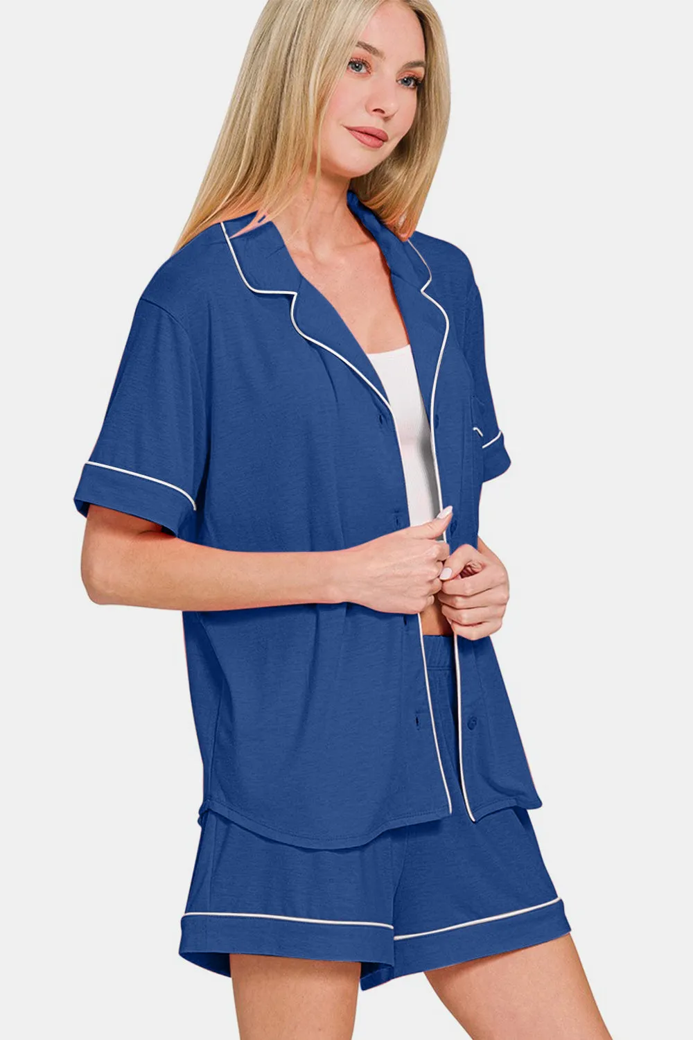 Navy Blue Button Down Short Sleeve Top and Shorts Lounge Set