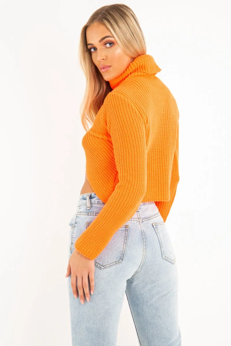 Neon Orange Roll Neck Knit Jumper - Nickole