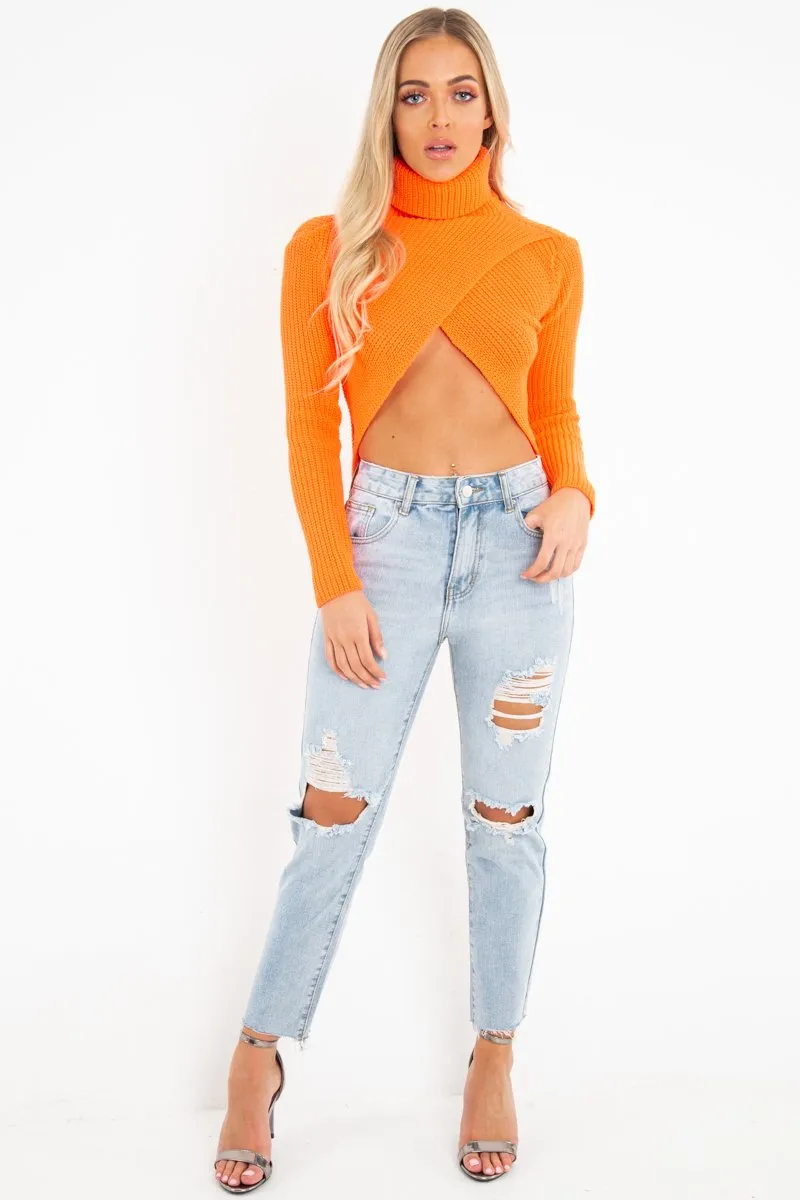 Neon Orange Roll Neck Knit Jumper - Nickole