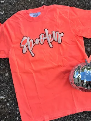 {NEON SPOOKY} White Puff Ink Neon Fire Coral Crew Neck Tee