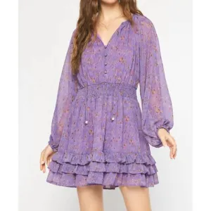 NEW ENTRO long sleeve smocked dress in purple
