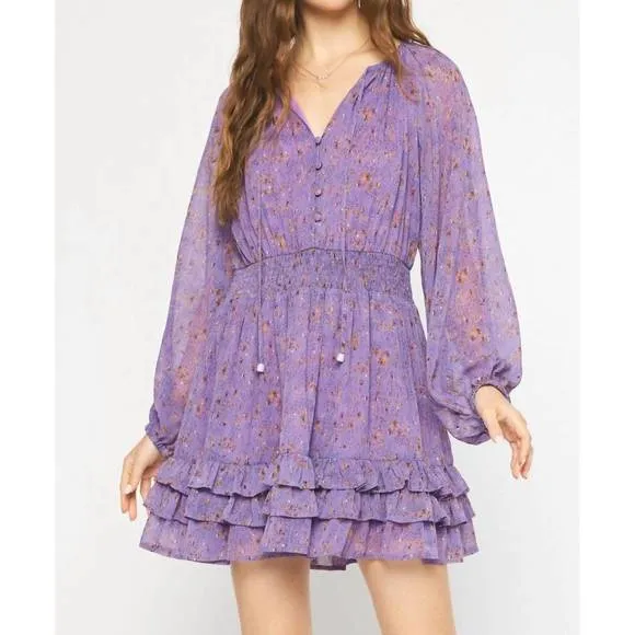NEW ENTRO long sleeve smocked dress in purple