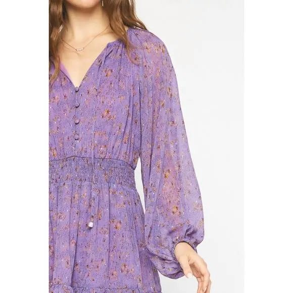 NEW ENTRO long sleeve smocked dress in purple