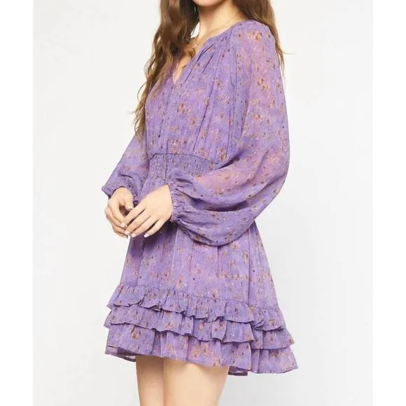 NEW ENTRO long sleeve smocked dress in purple