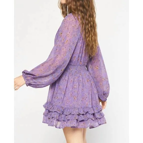 NEW ENTRO long sleeve smocked dress in purple