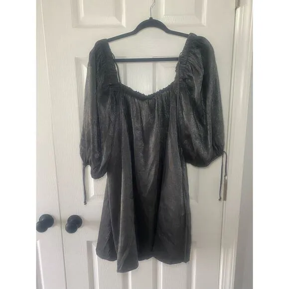 NWT Free People Mara Dark Grey Metallic Puff Sleeve Shift Dress Size Small