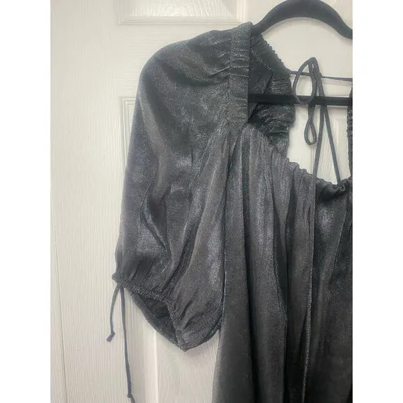 NWT Free People Mara Dark Grey Metallic Puff Sleeve Shift Dress Size Small