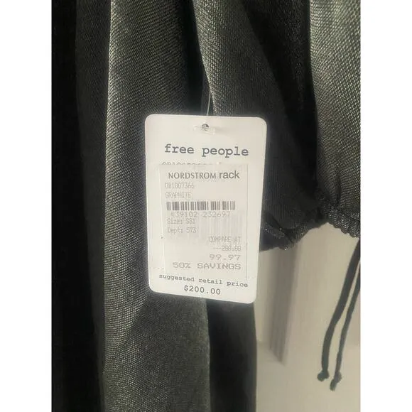NWT Free People Mara Dark Grey Metallic Puff Sleeve Shift Dress Size Small