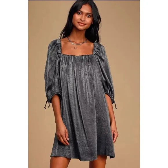 NWT Free People Mara Dark Grey Metallic Puff Sleeve Shift Dress Size Small