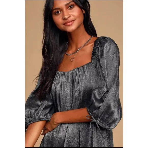 NWT Free People Mara Dark Grey Metallic Puff Sleeve Shift Dress Size Small