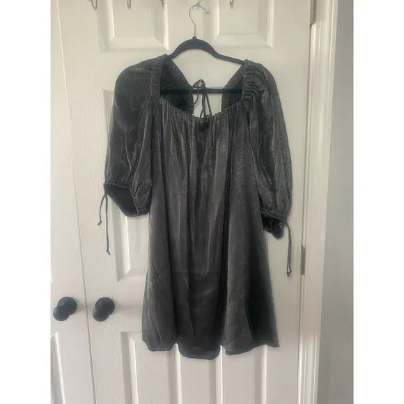 NWT Free People Mara Dark Grey Metallic Puff Sleeve Shift Dress Size Small