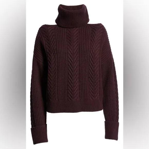 NWT PAIGE Lorilee Turtleneck Cable Knit Wool Blend Sweater in Dark Sangria sz M
