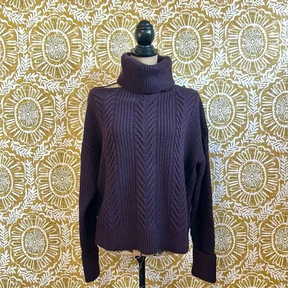 NWT PAIGE Lorilee Turtleneck Cable Knit Wool Blend Sweater in Dark Sangria sz M