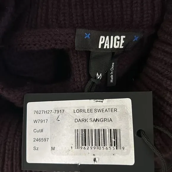 NWT PAIGE Lorilee Turtleneck Cable Knit Wool Blend Sweater in Dark Sangria sz M