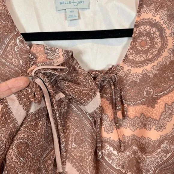 NWT Belle Sky Paisley Print Sheer Maxi Boho Tie Sleeves Mauve Pink Size XS