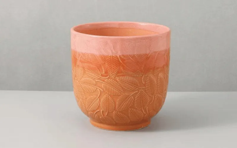 Pink Rustic Leaf Patern Glazed Ceramic Flower Pot