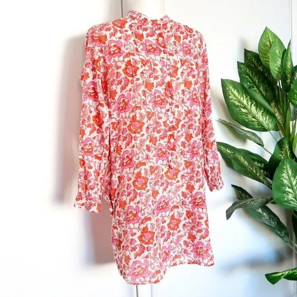 Roberta Roller Rabbit White Orange Pink Cotton Gauze Long Sleeve Tunic Dress S