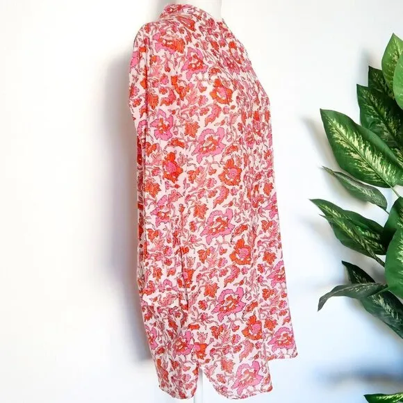 Roberta Roller Rabbit White Orange Pink Cotton Gauze Long Sleeve Tunic Dress S