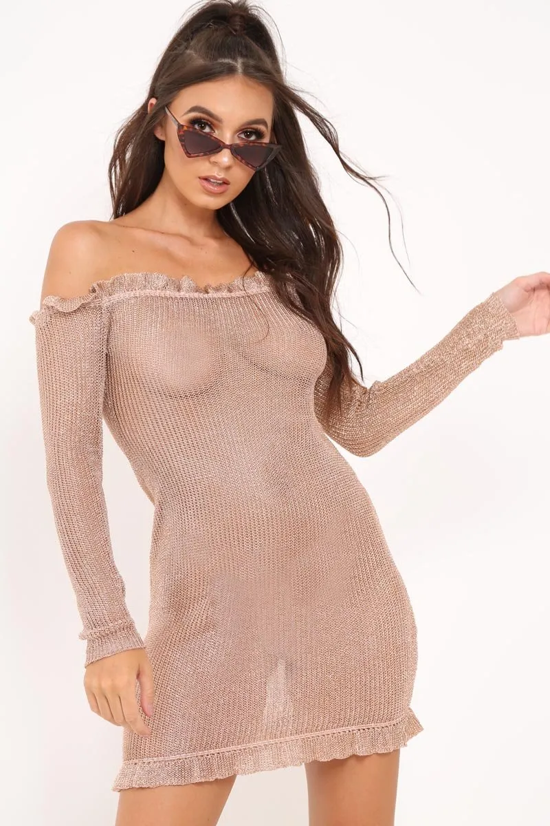 Rose Gold Metallic Bardot Frill Mini Dress - Analyssa