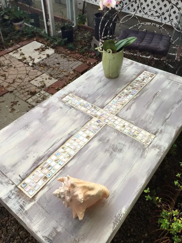 SOLD!Cottage Chic Coffee Table with mother of pearl cross inlay and antique white and grey/taupe SOLD!
