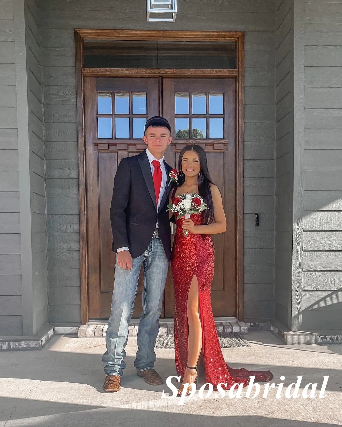 Sparkly Sequin Spaghetti Straps Sleeveless Side Slit Mermaid Long Prom Dresses, PD3845