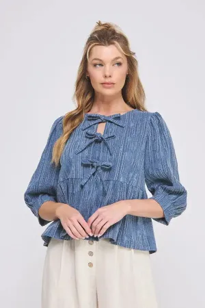 TEXTURED COTTON BLEND 3/4 SLEEVE BREEZY RIBBON DETAIL BLOUSE
