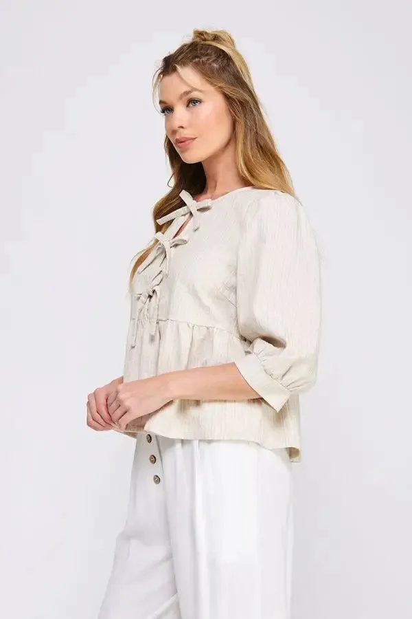 TEXTURED COTTON BLEND 3/4 SLEEVE BREEZY RIBBON DETAIL BLOUSE