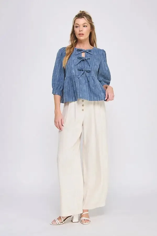 TEXTURED COTTON BLEND 3/4 SLEEVE BREEZY RIBBON DETAIL BLOUSE