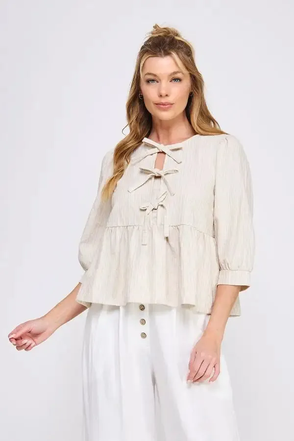 TEXTURED COTTON BLEND 3/4 SLEEVE BREEZY RIBBON DETAIL BLOUSE