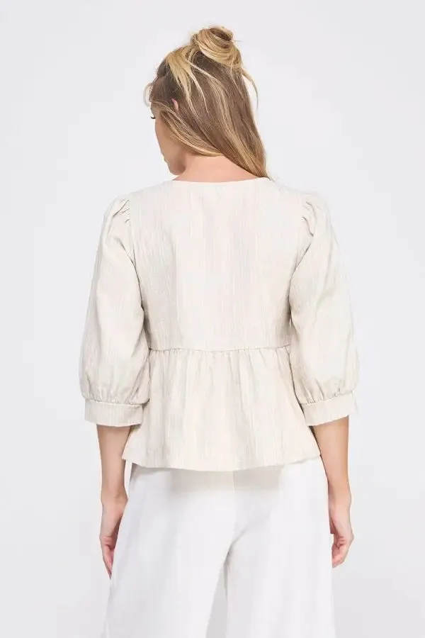TEXTURED COTTON BLEND 3/4 SLEEVE BREEZY RIBBON DETAIL BLOUSE