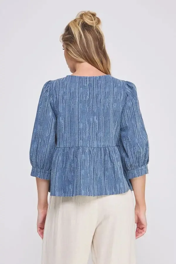 TEXTURED COTTON BLEND 3/4 SLEEVE BREEZY RIBBON DETAIL BLOUSE