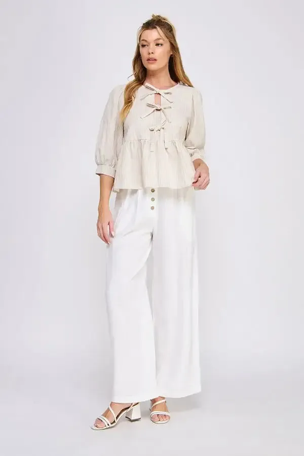 TEXTURED COTTON BLEND 3/4 SLEEVE BREEZY RIBBON DETAIL BLOUSE