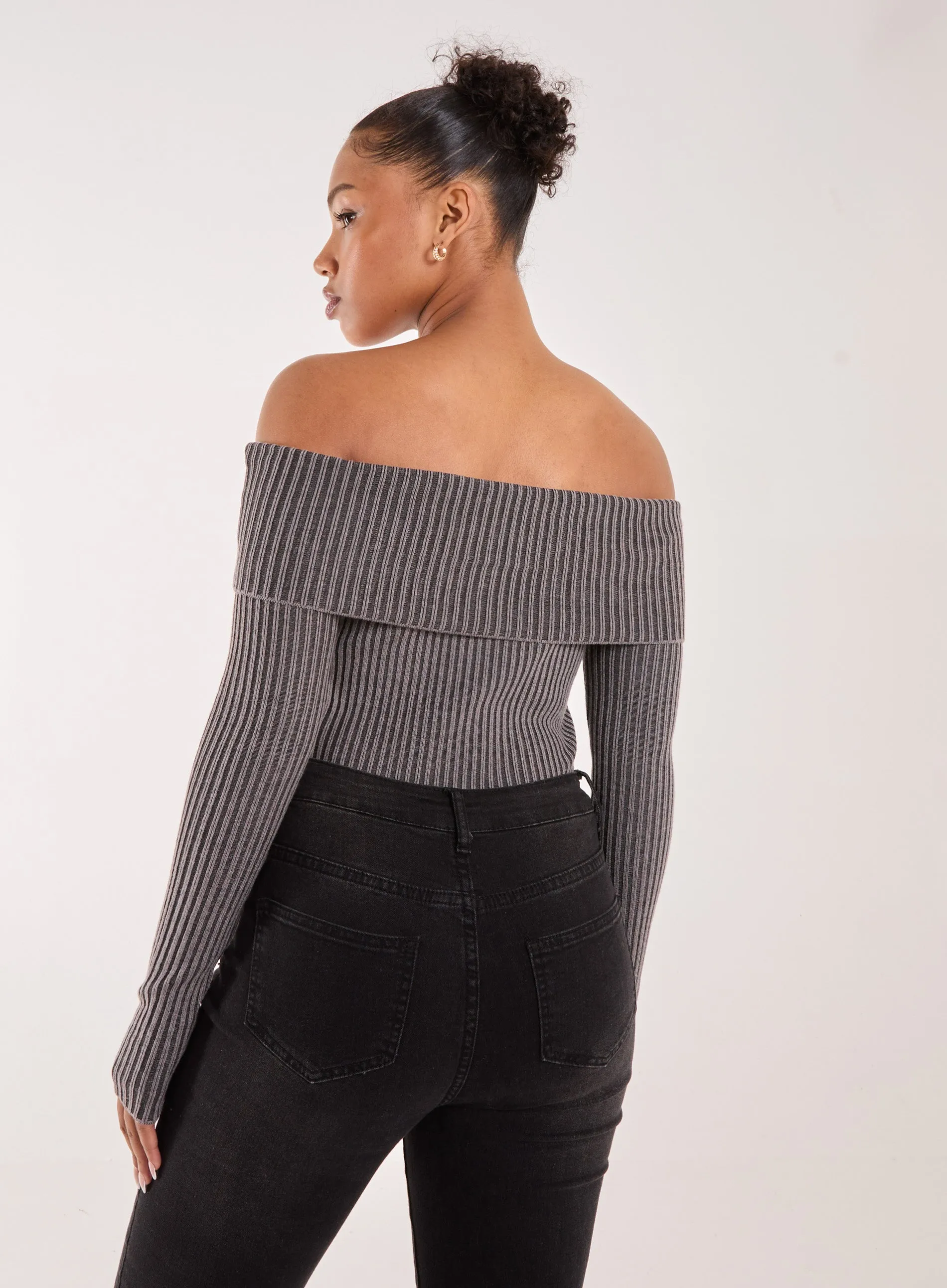 Two Tone Rib Bardot Top