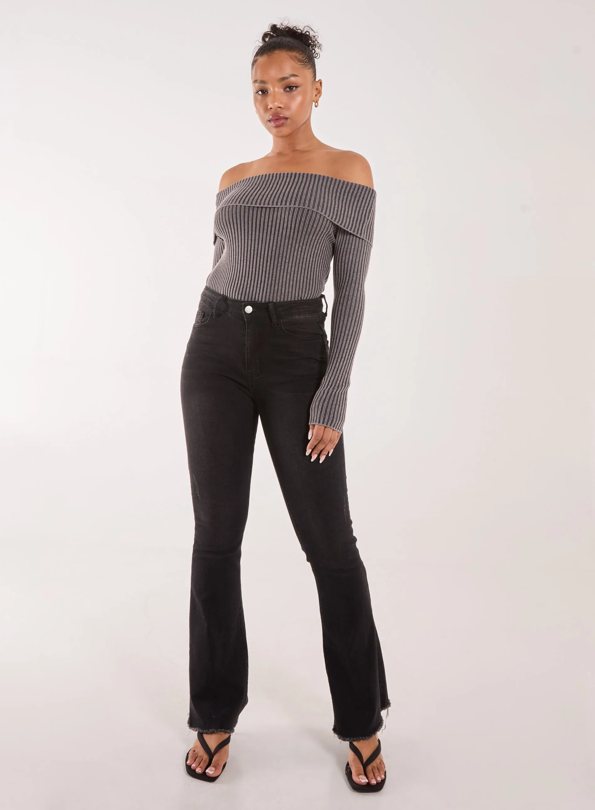 Two Tone Rib Bardot Top