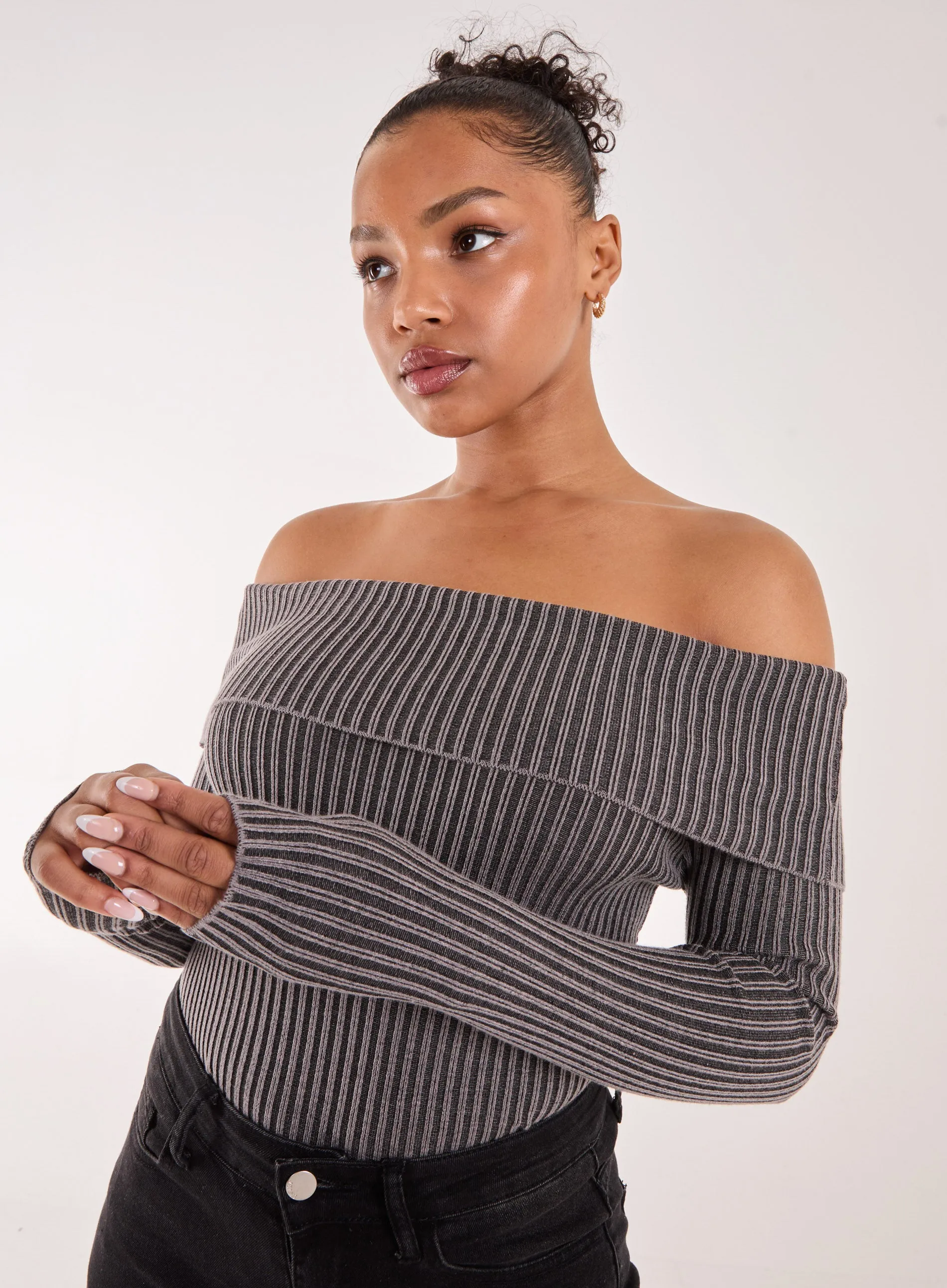 Two Tone Rib Bardot Top