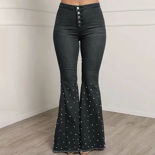 Vibrant High Waist Women’s Flare Denim Jeans with Beads