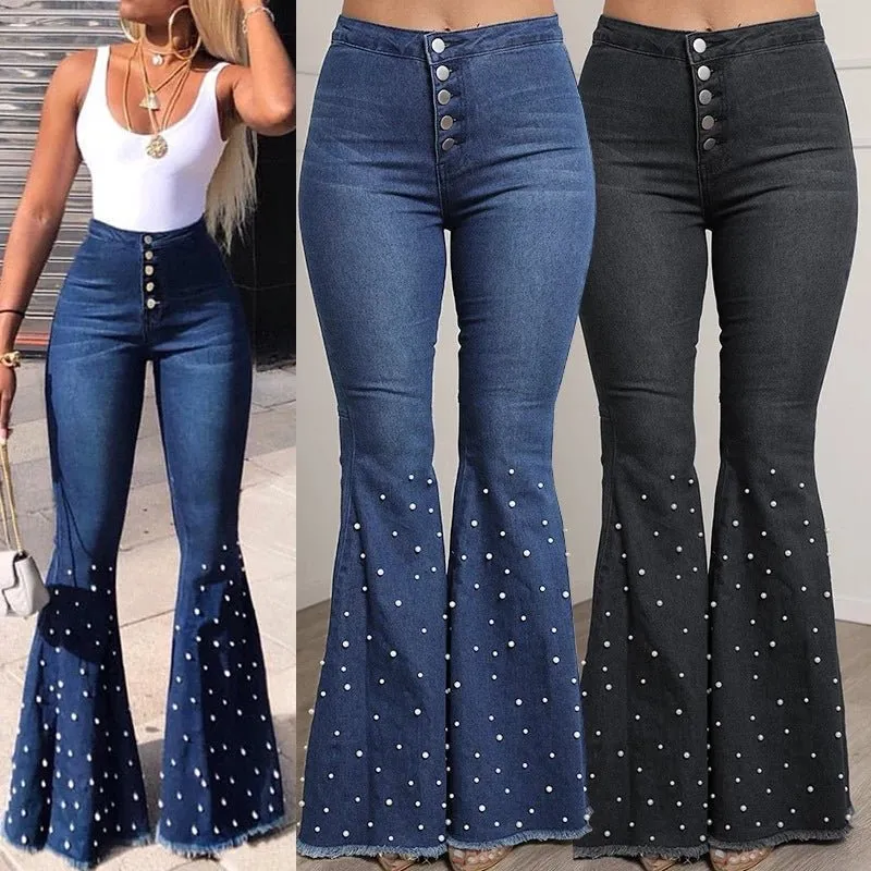 Vibrant High Waist Women’s Flare Denim Jeans with Beads
