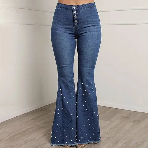 Vibrant High Waist Women’s Flare Denim Jeans with Beads