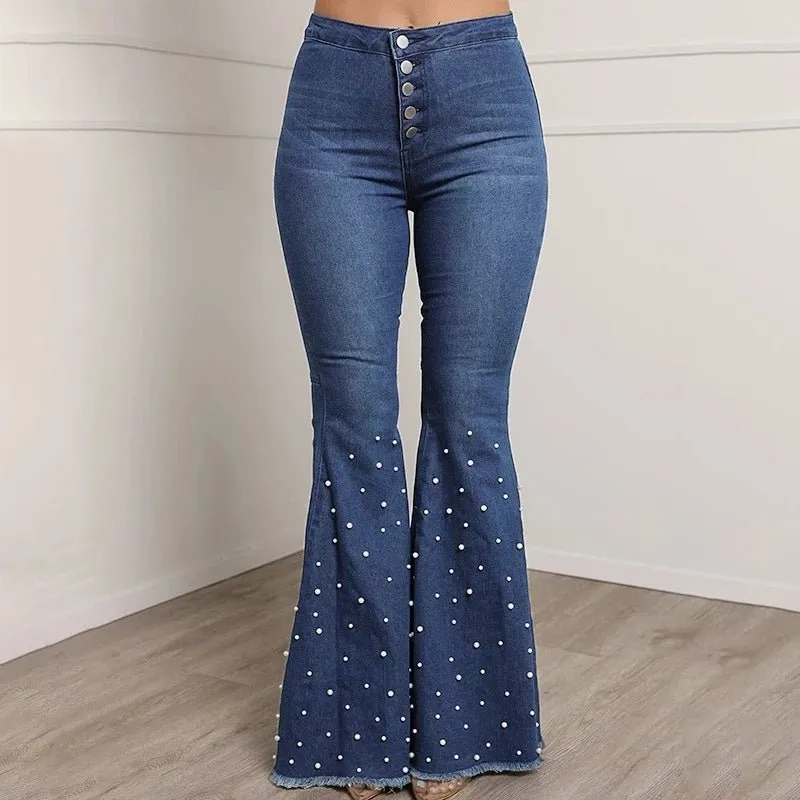 Vibrant High Waist Women’s Flare Denim Jeans with Beads